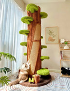 Green tree-style cat tower beside a window in a living room