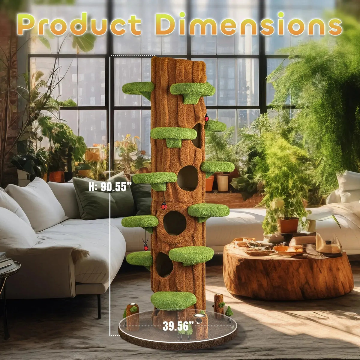 Green cat tower dimension illustration labelled 90.55 inches high and 39.56 inches across
