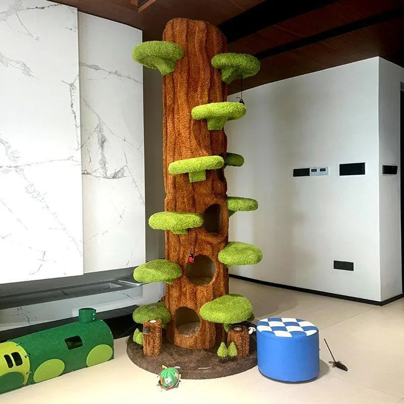 Green tree-style cat tower in a bright indoor corner