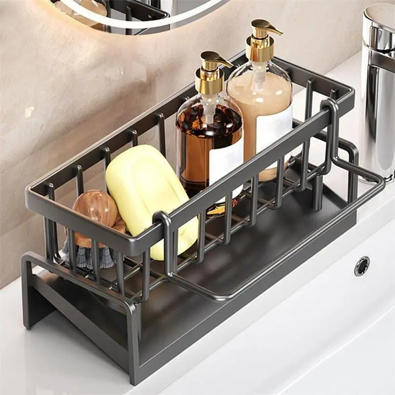 Black basket and drip tray beside a basin with toiletries demonstrating storage; contents not included