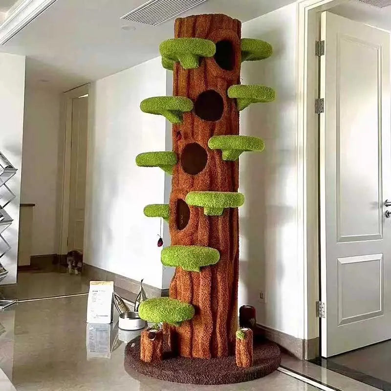 Green cat tower shown indoors beside a door