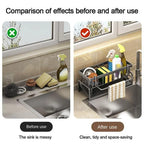Black organiser shown before and after arranging washing-up items; photographed supplies are props