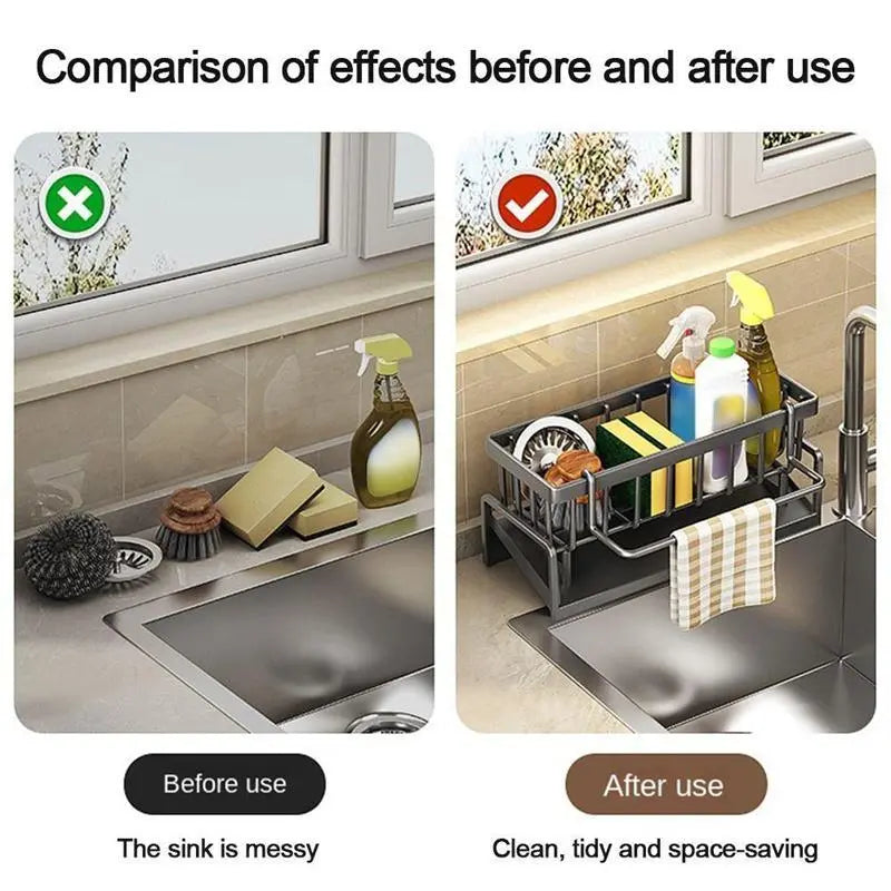 Black organiser shown before and after arranging washing-up items; photographed supplies are props