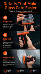 Protective cap, handgrip and applicator-head details of the orange glass-cleaning brush