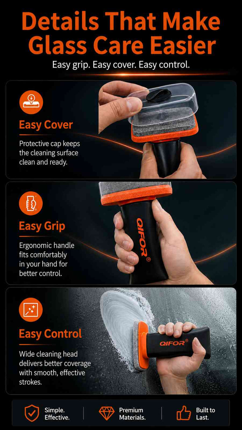 Protective cap, handgrip and applicator-head details of the orange glass-cleaning brush
