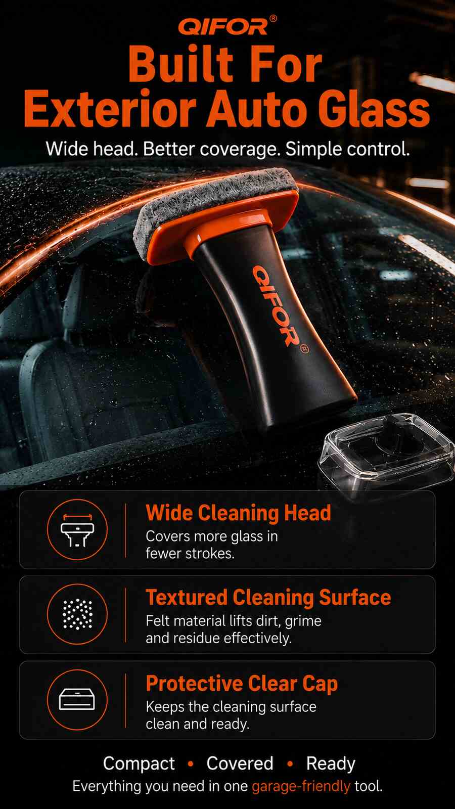 Orange glass-cleaning brush head and clear protective cap for exterior automotive glass