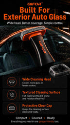Orange glass-cleaning brush head and clear protective cap for exterior automotive glass