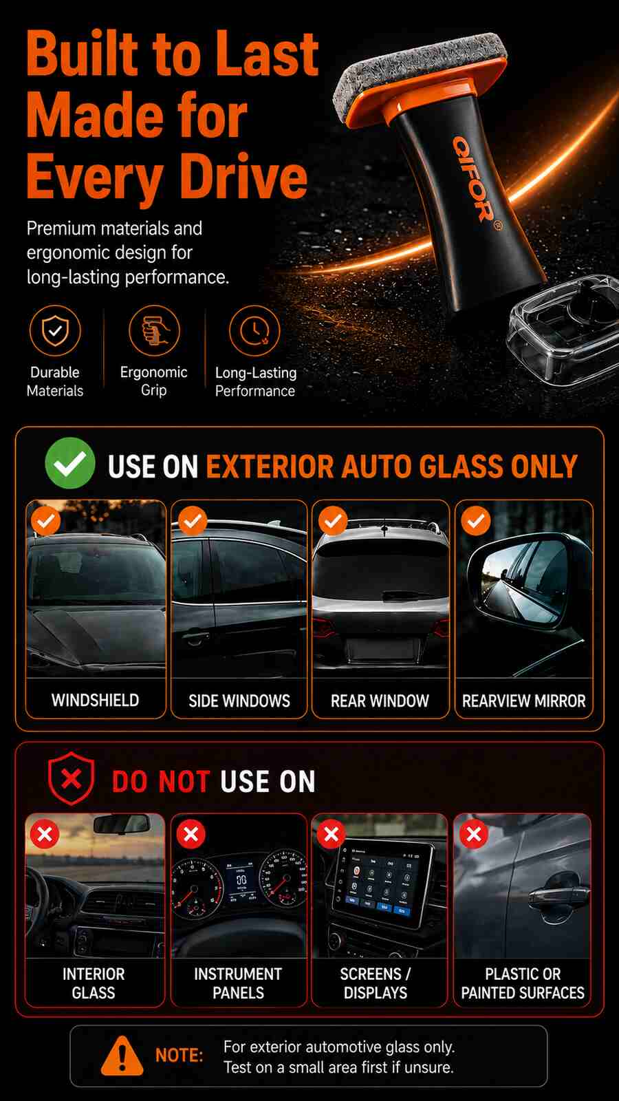 Source usage guide: exterior automotive glass only; avoid interior glass, panels, displays, plastic and painted surfaces