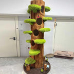 Front view of the Green cat tower showing platforms and enclosed openings