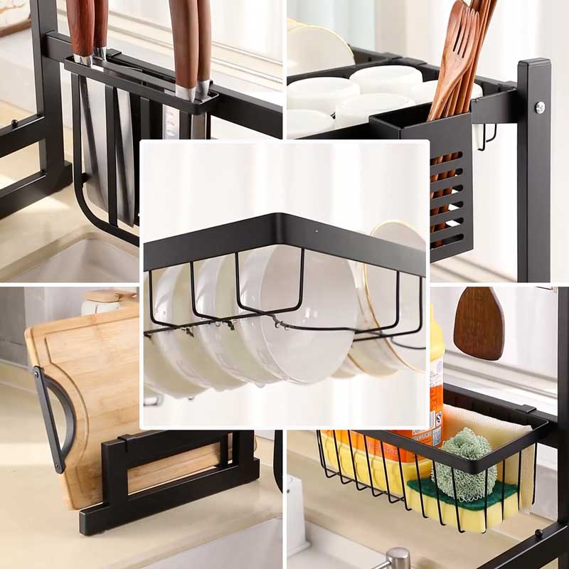 Rack storage holders for kitchen items; photographed contents are props