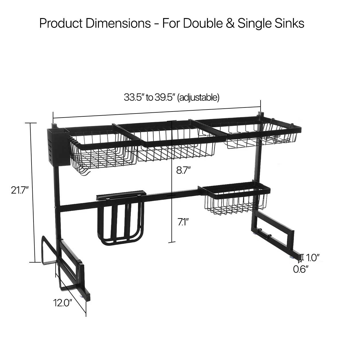 Dimension diagram: adjustable width33.5–39.5in, height21.7in and base depth12in