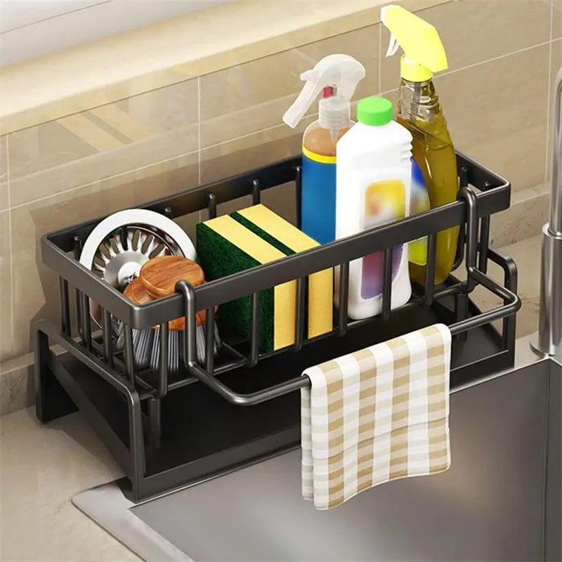Black organiser beside a sink with cleaning items demonstrating use