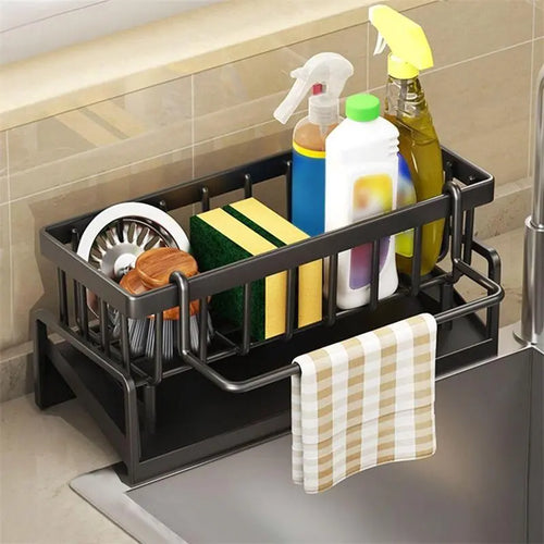 Black organiser beside a sink with cleaning items demonstrating use