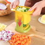 Hand-operated yellow and green chopper shown with chopped vegetables