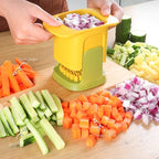 Yellow and green manual chopper shown preparing vegetables