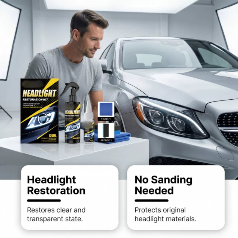 Two-bottle headlight polish and sealant kit with sponge and towel in a car-care scene