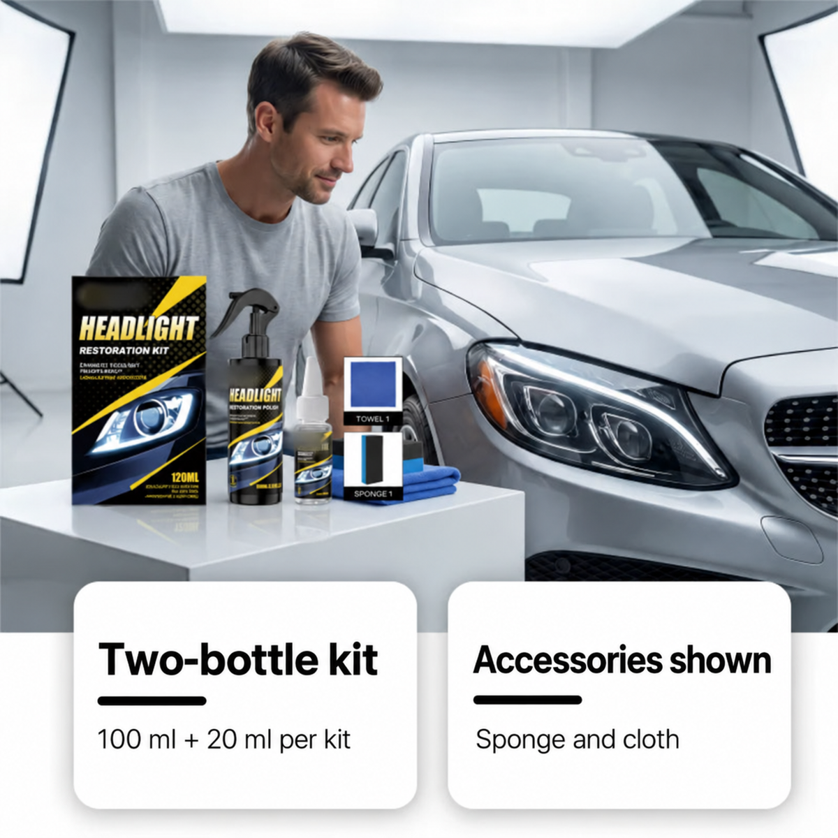 Two-bottle headlight polish and sealant kit with sponge and towel in a car-care scene
