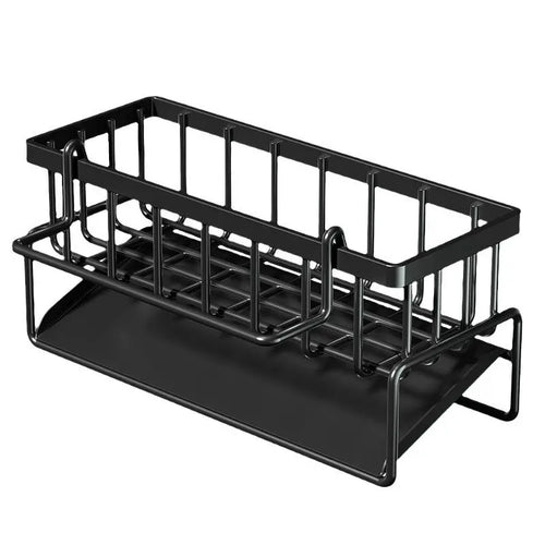 Black sink organiser showing basket and lower drip tray