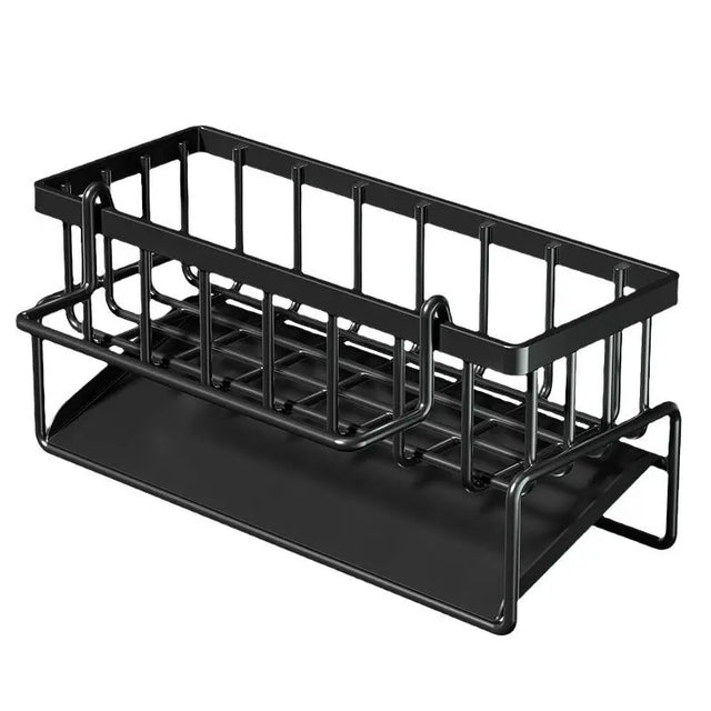 Black sink organiser showing basket and lower drip tray
