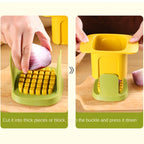Two-step illustration of pre-cut vegetables on the green base before the yellow upper section is pressed down