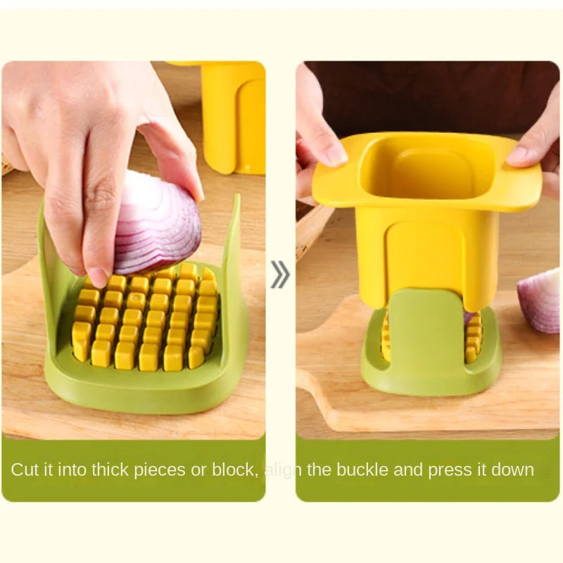 Two-step illustration of pre-cut vegetables on the green base before the yellow upper section is pressed down