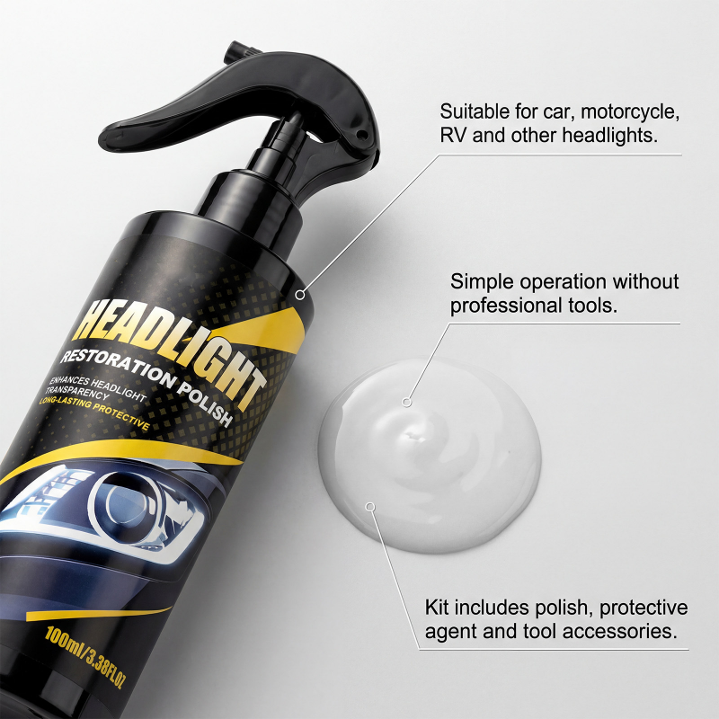 Close view of the headlight polishing spray bottle and cream illustration