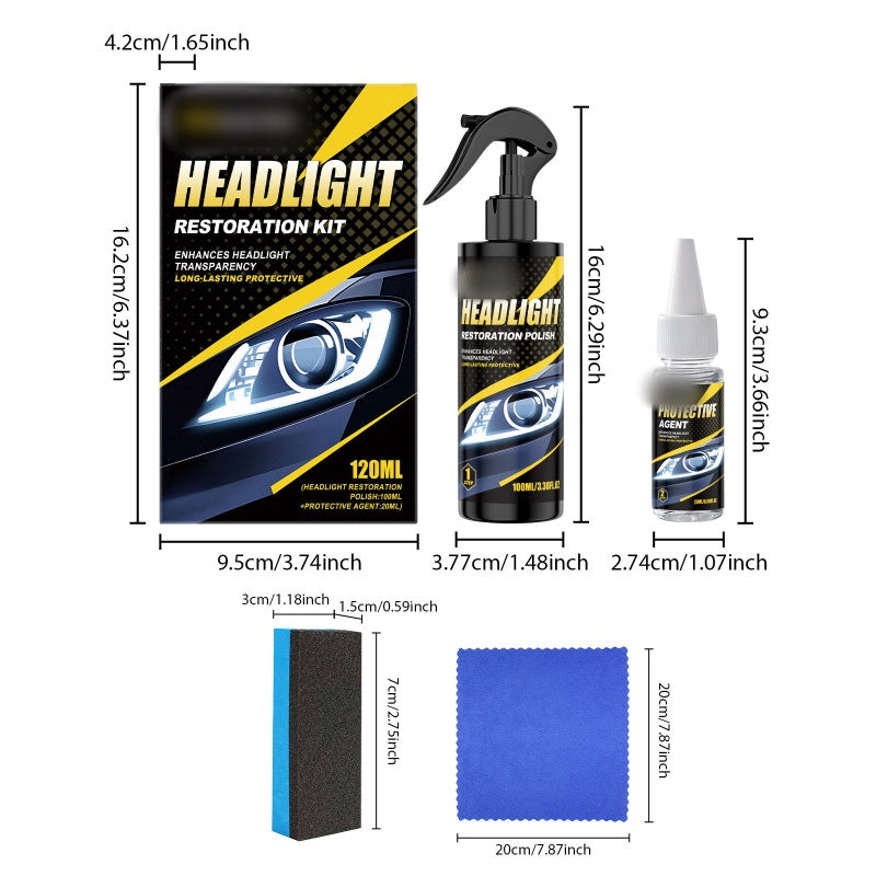 Two-bottle headlight kit with sponge and towel; source packaging and accessory dimension diagram