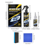 Two-bottle headlight kit with sponge and towel; source packaging and accessory dimension diagram